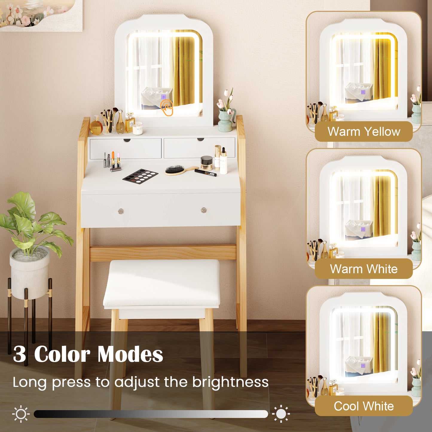Adjustable Height Vanity Desk with LED Lighted Mirror & Drawers