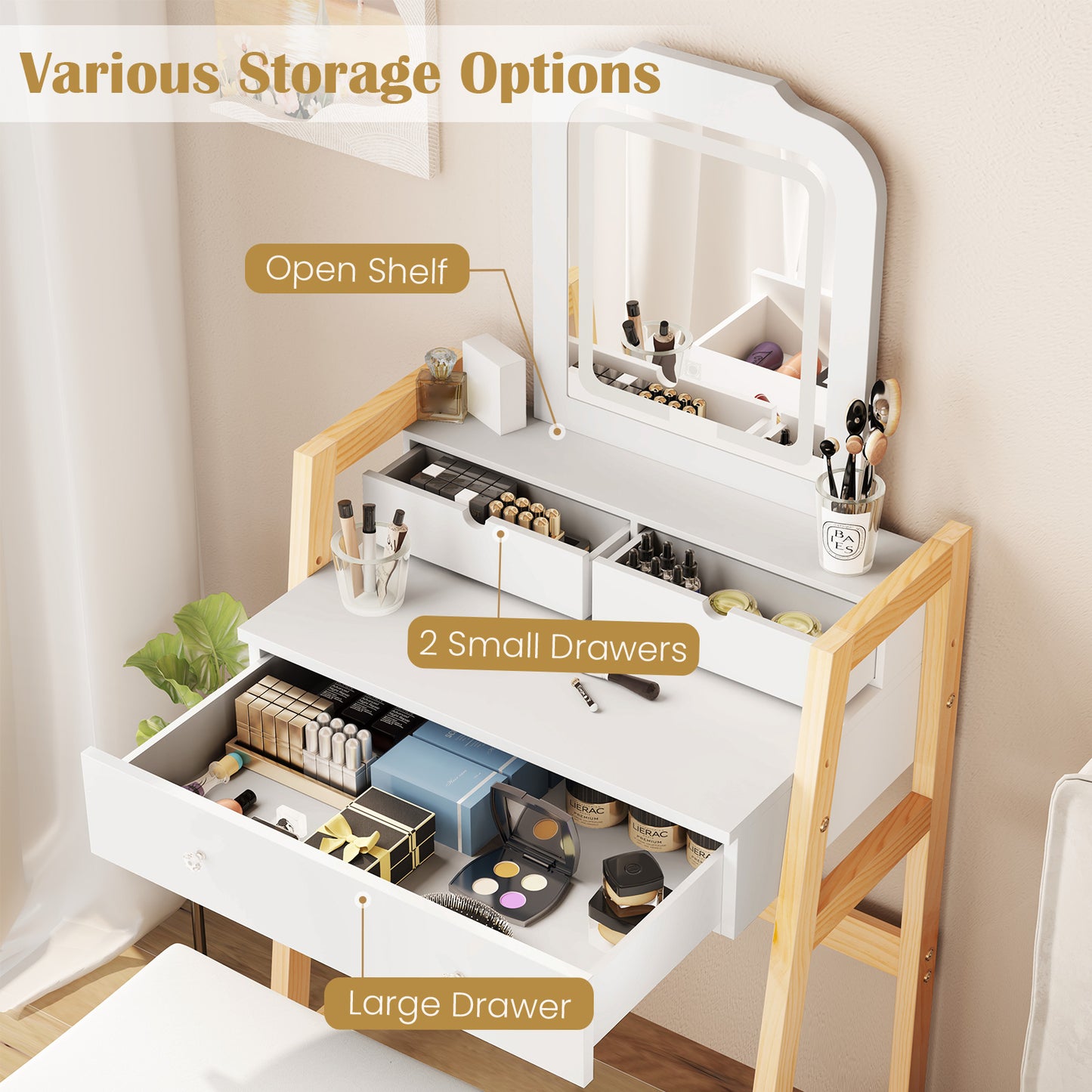 Adjustable Height Vanity Desk with LED Lighted Mirror & Drawers
