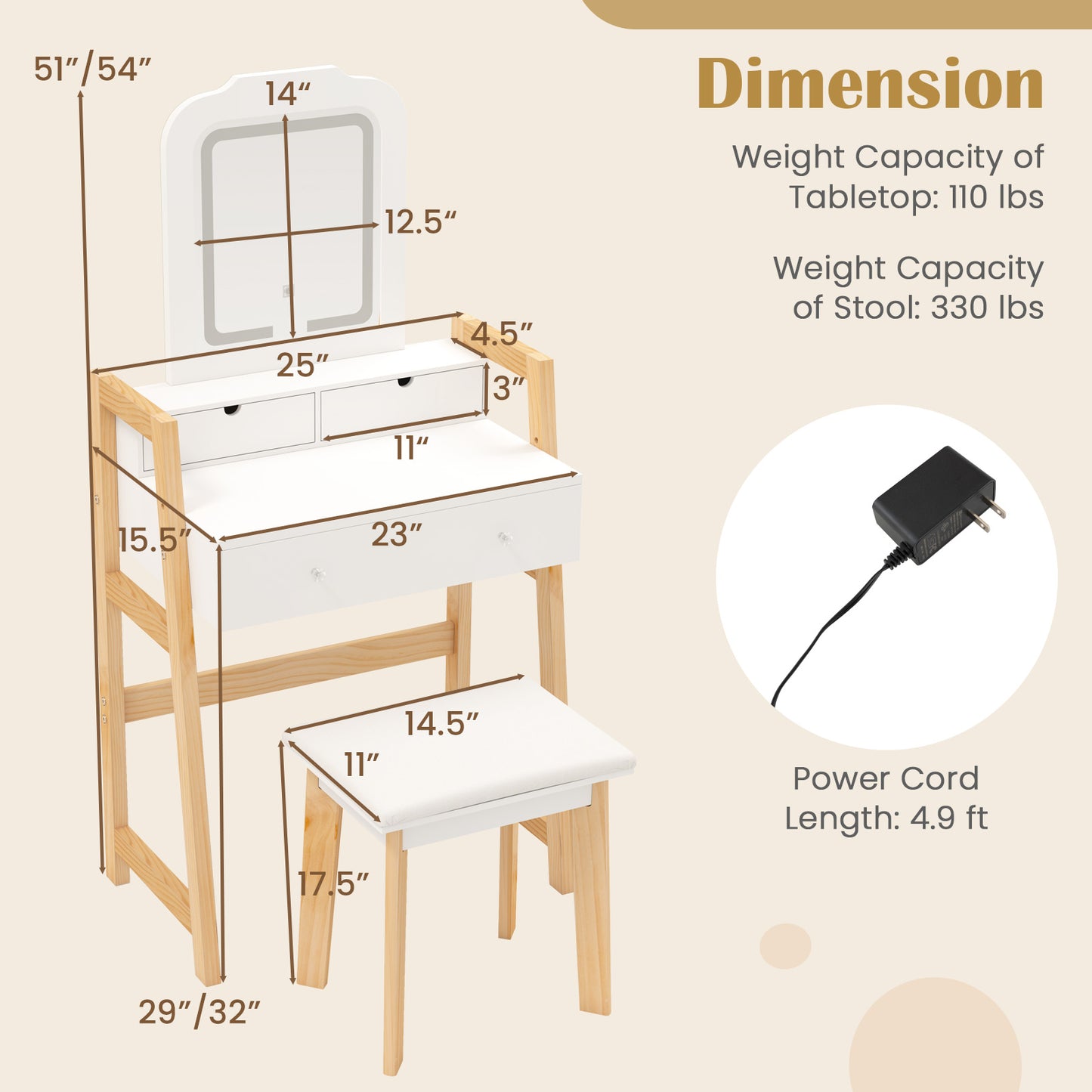 Adjustable Height Vanity Desk with LED Lighted Mirror & Drawers