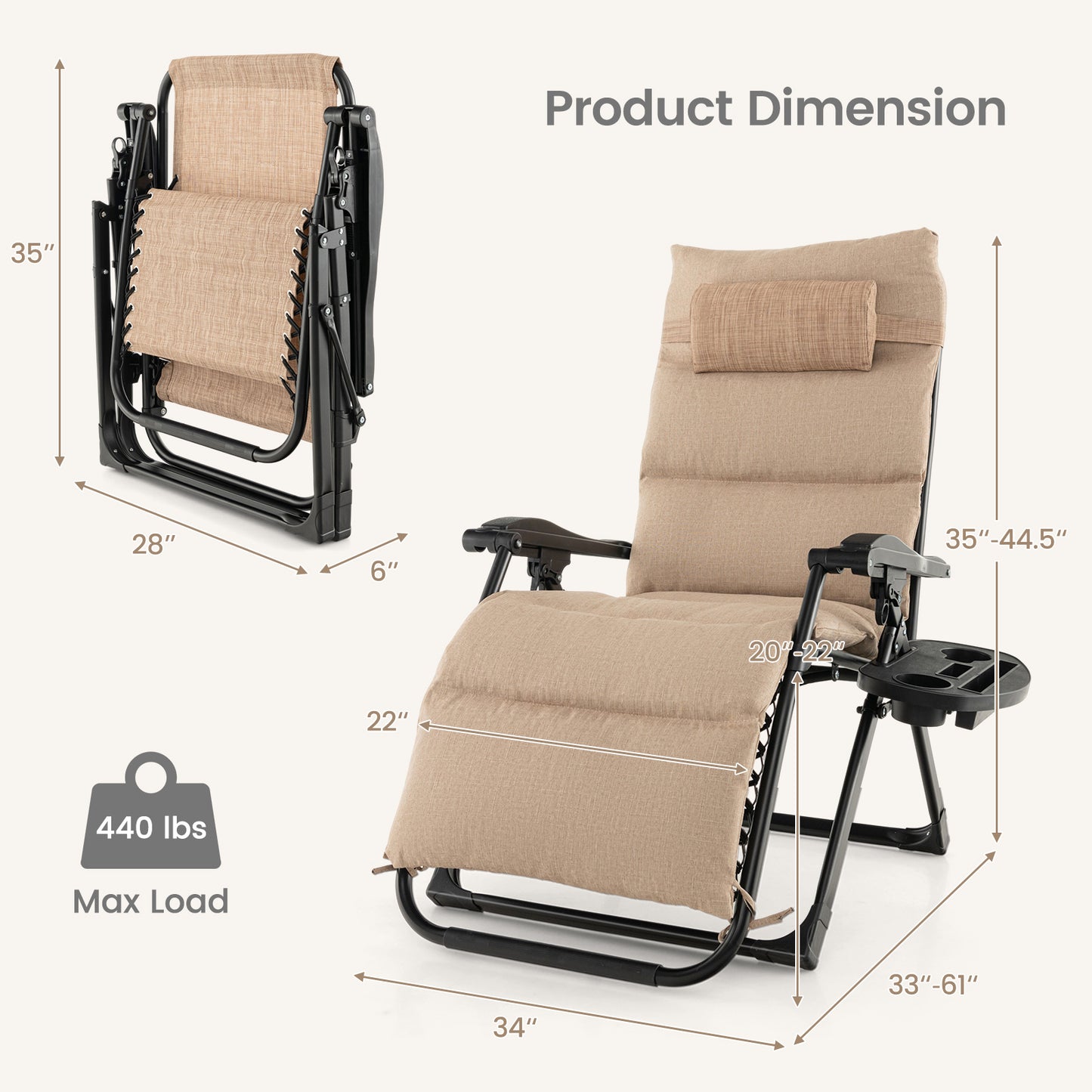 Zero Gravity Lounge Chair with Cushion and Cup Holder