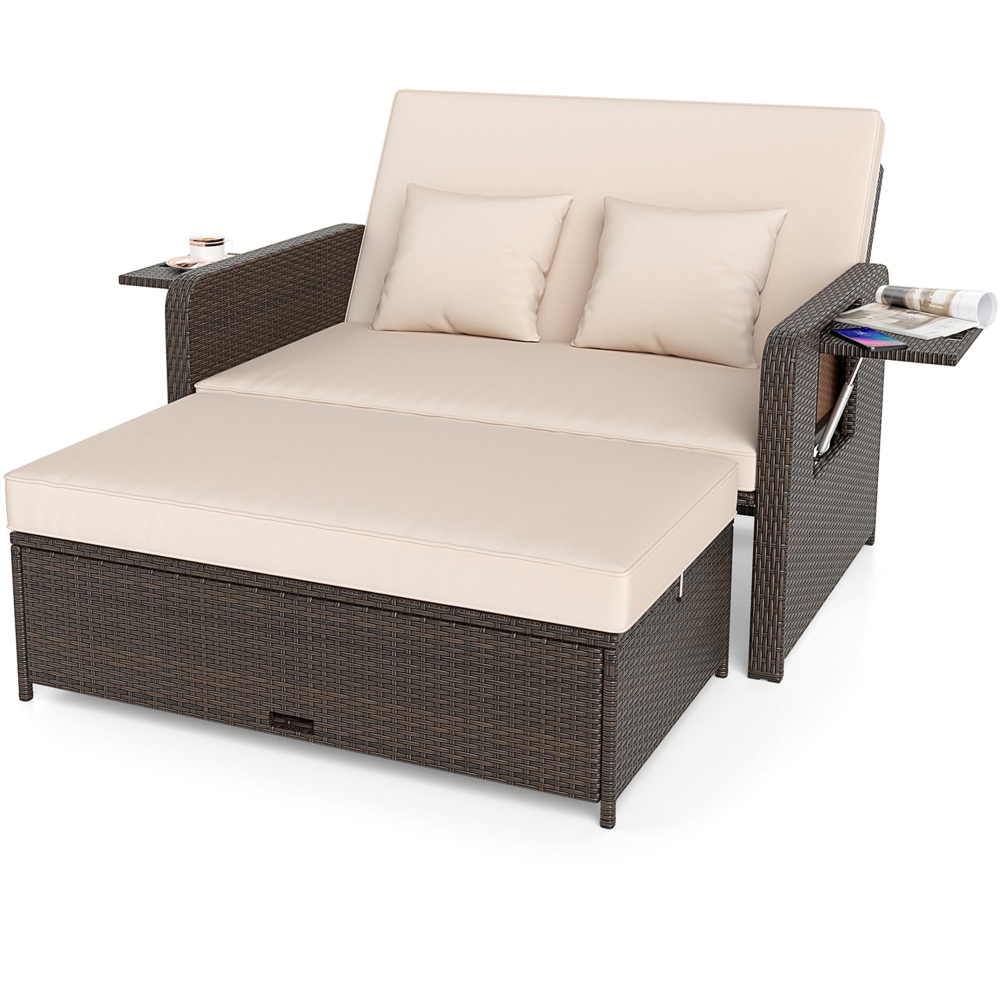 Adjustable Outdoor Daybed Set with Storage Ottoman & Cushions