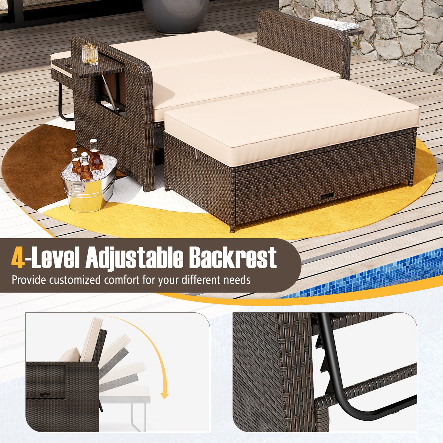 Adjustable Outdoor Daybed Set with Storage Ottoman & Cushions