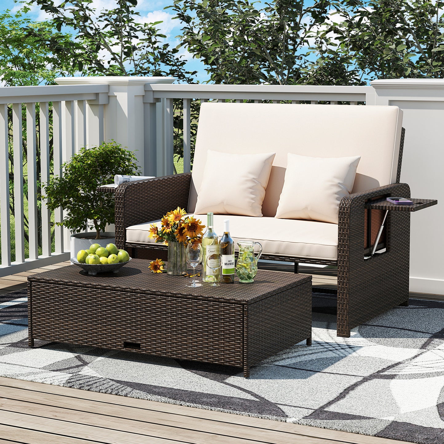 Adjustable Outdoor Daybed Set with Storage Ottoman & Cushions