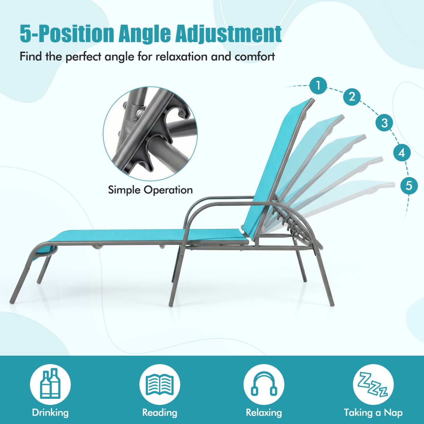 Adjustable Patio Chaise Lounge Chair with 5-Position Backrest
