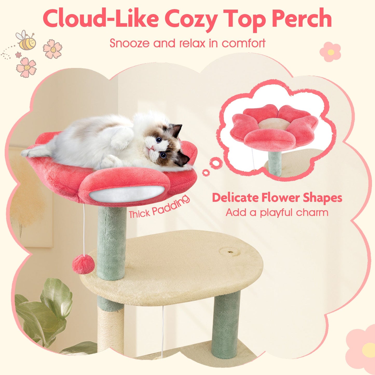 61 Inch Multi-Level Aesthetic Floral Kitten Tower with Flower-Shaped Padded Perch-Multicolor