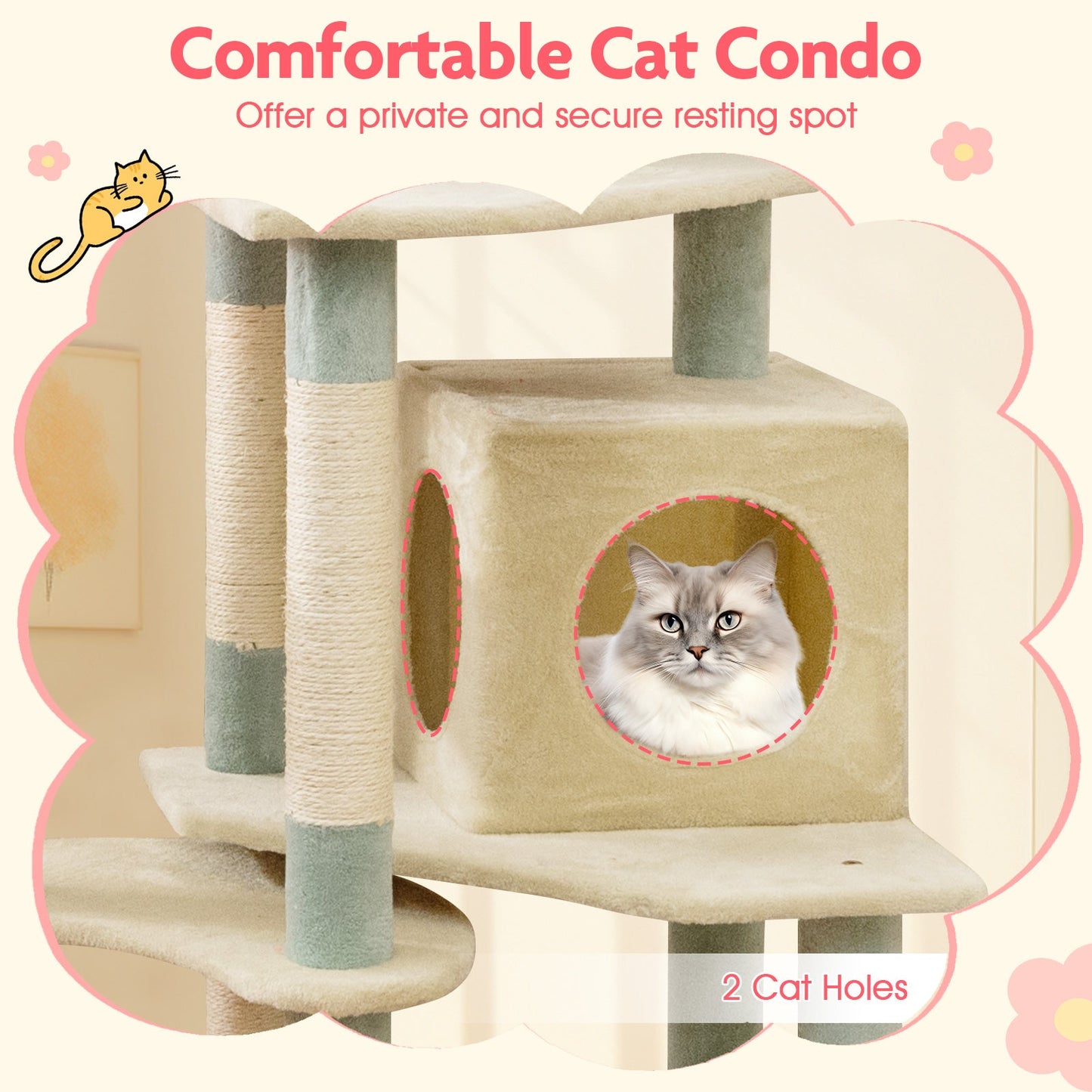 61 Inch Multi-Level Aesthetic Floral Kitten Tower with Flower-Shaped Padded Perch-Multicolor