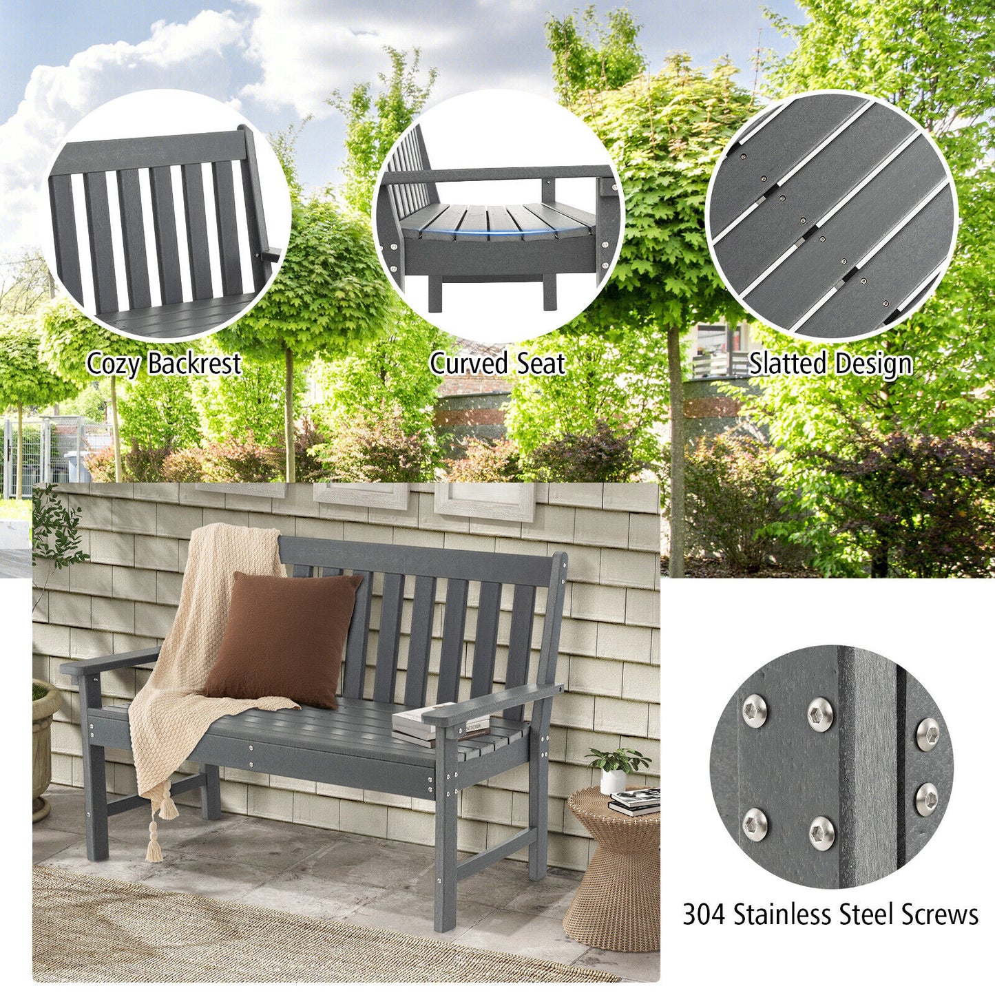 52-Inch Outdoor Bench with Backrest and Armrests