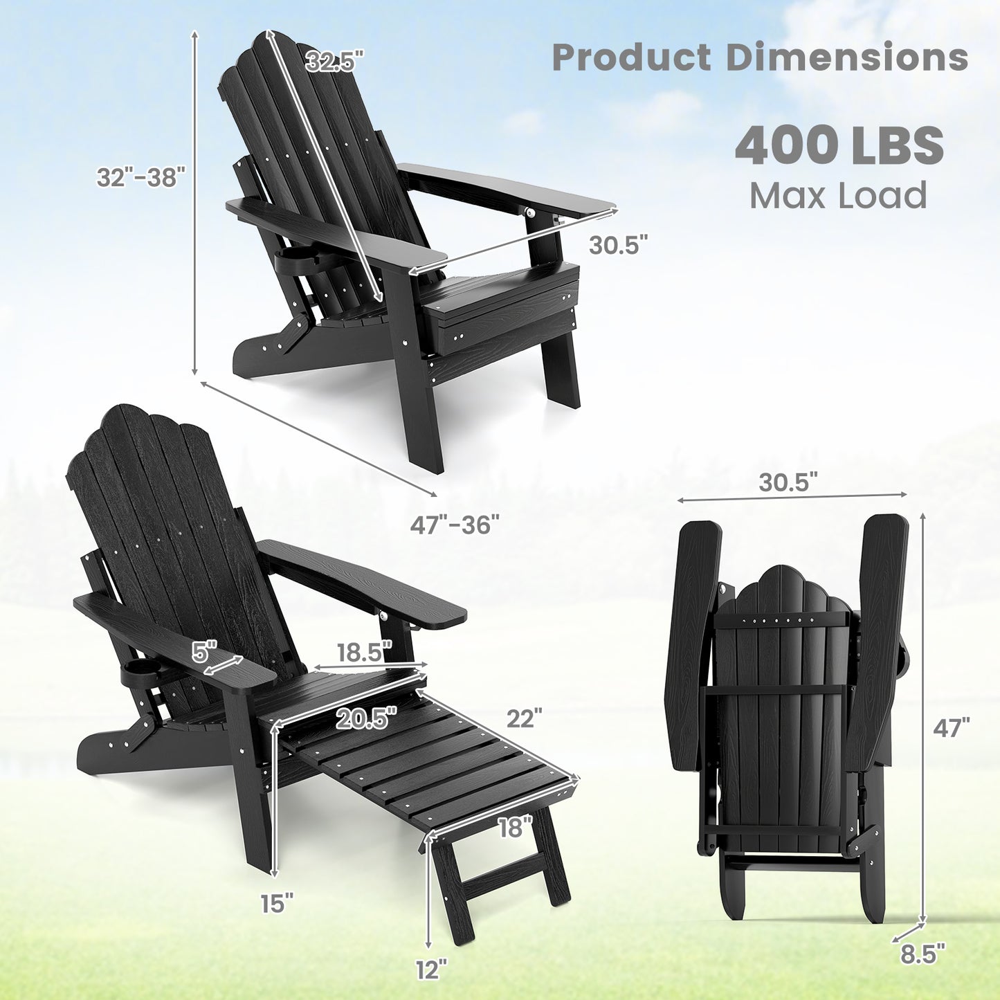 Adirondack Lounge Chair with Retractable Footrest