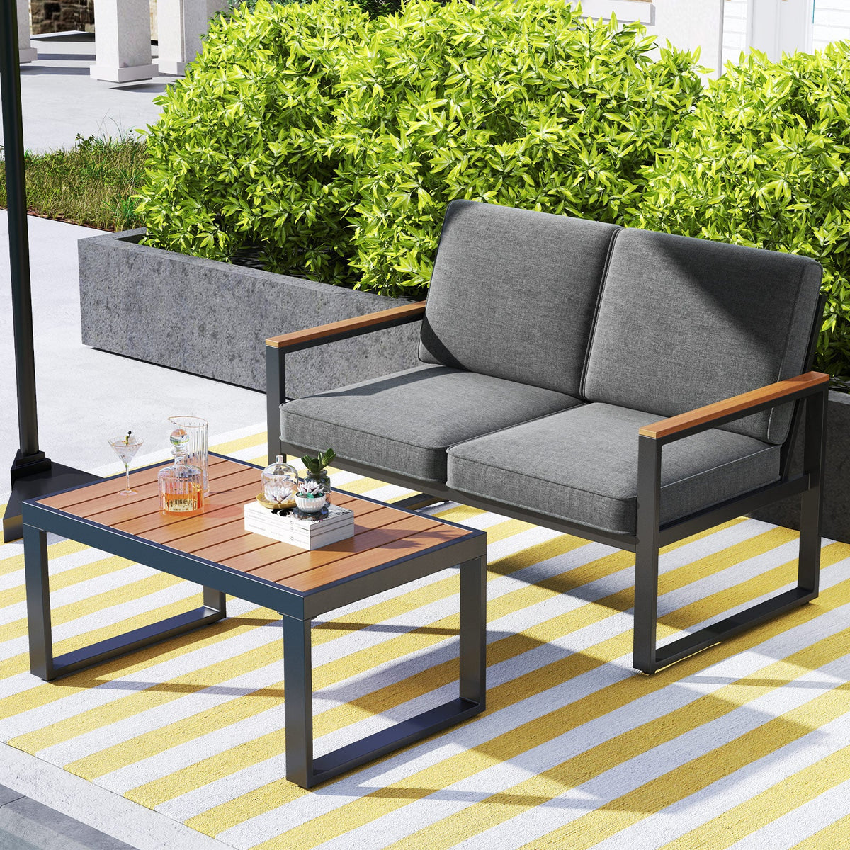 4 Piece Patio Aluminum Furniture Set with Armrests and Tabletop-Gray