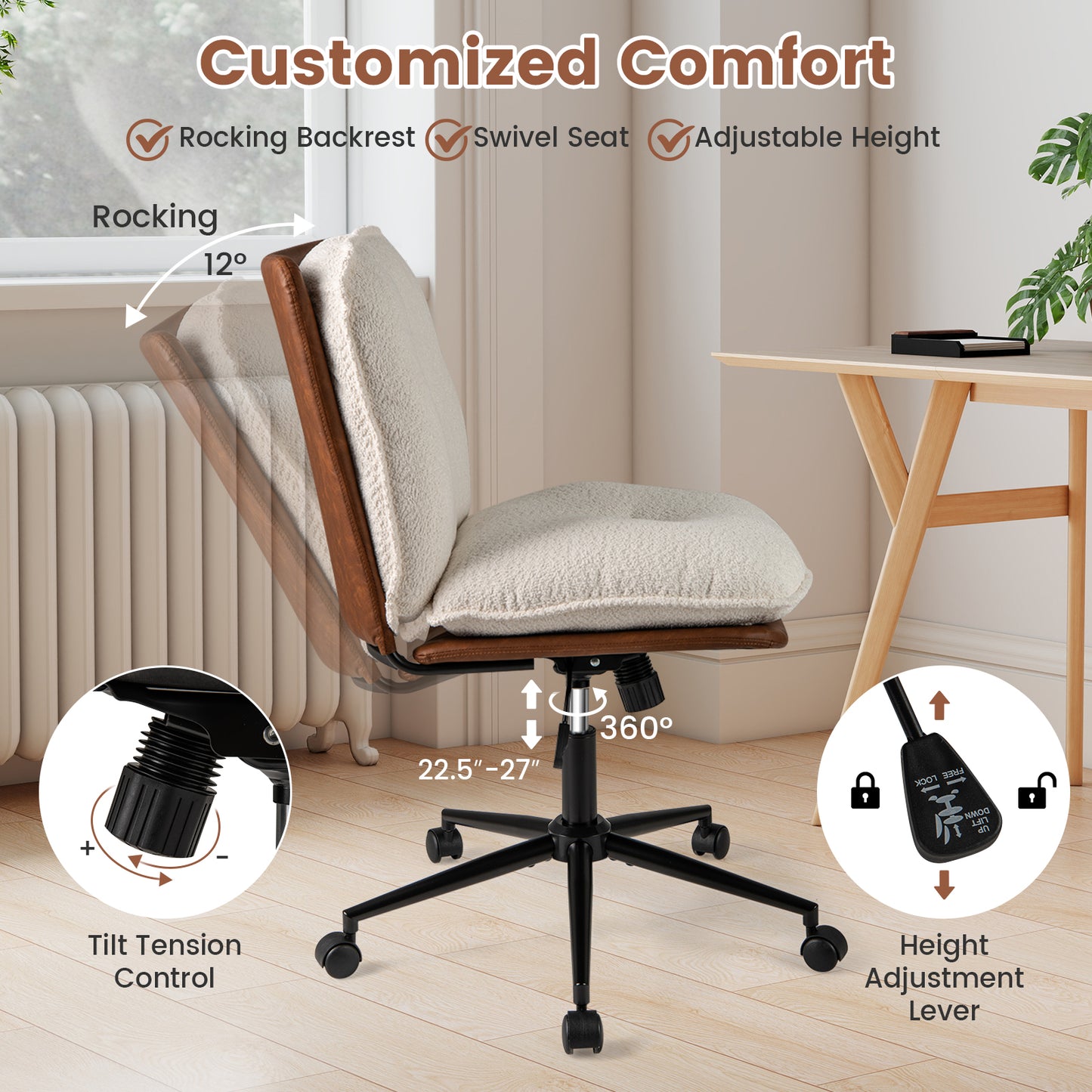 Armless Office Chair with Rocking Backrest and Swivel Base