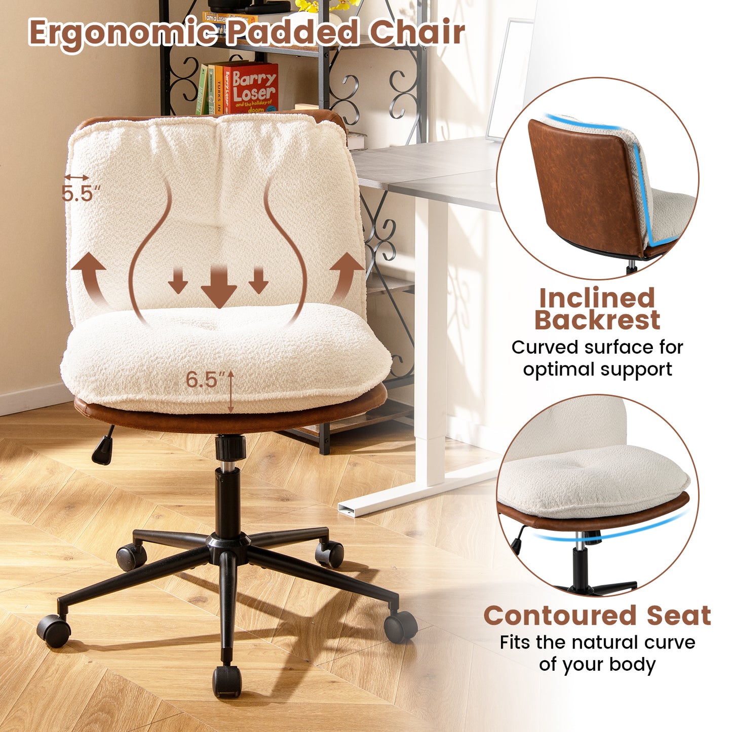 Armless Office Chair with Rocking Backrest and Swivel Base
