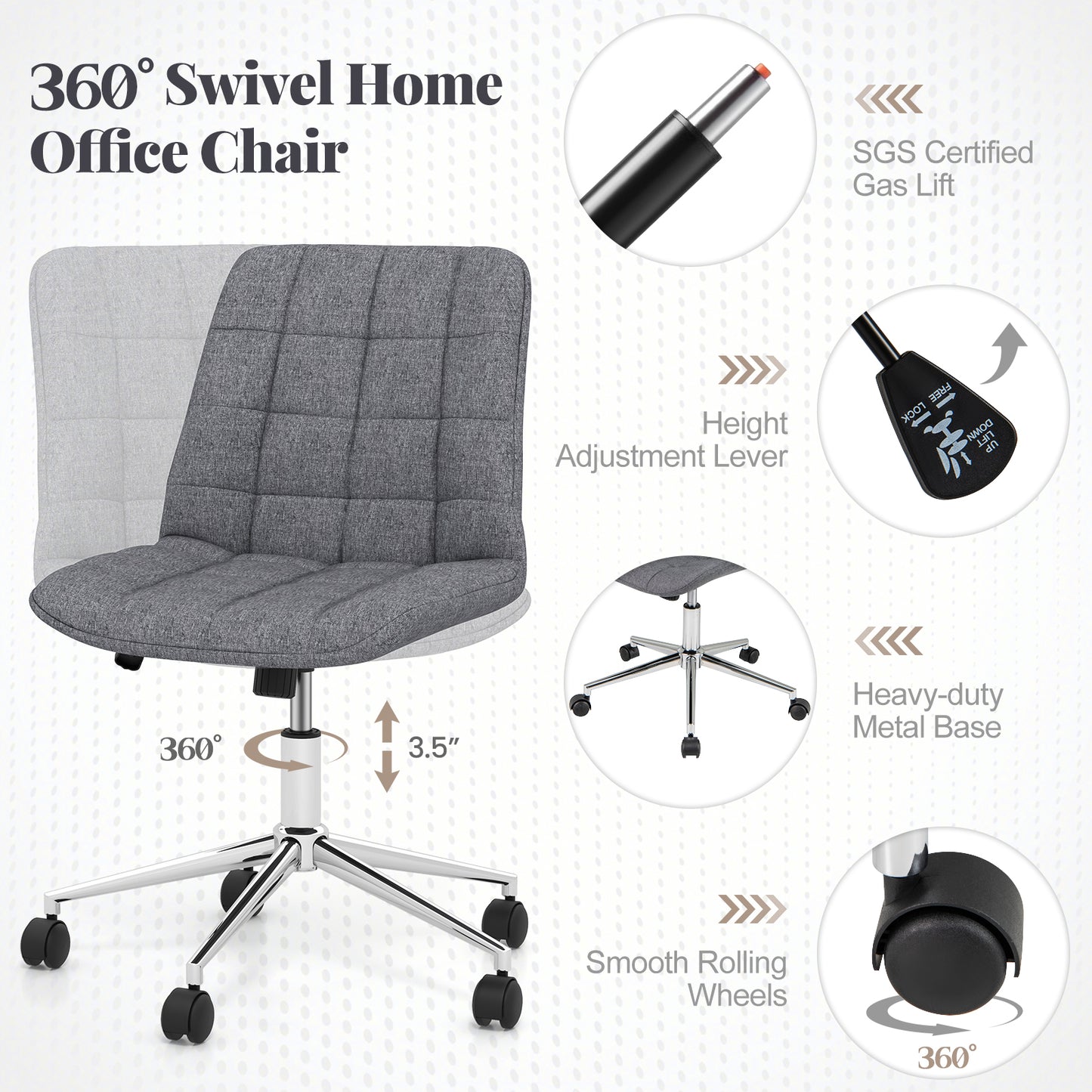 Adjustable Armless Office Chair with Wheels - Grey