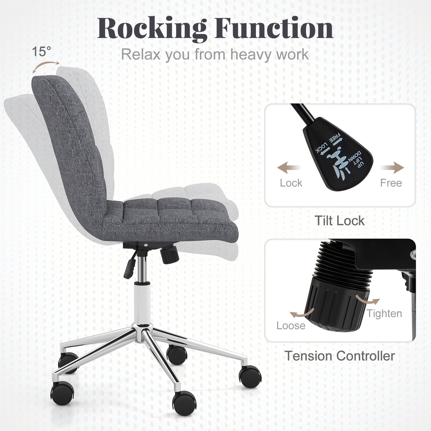 Adjustable Armless Office Chair with Wheels - Grey