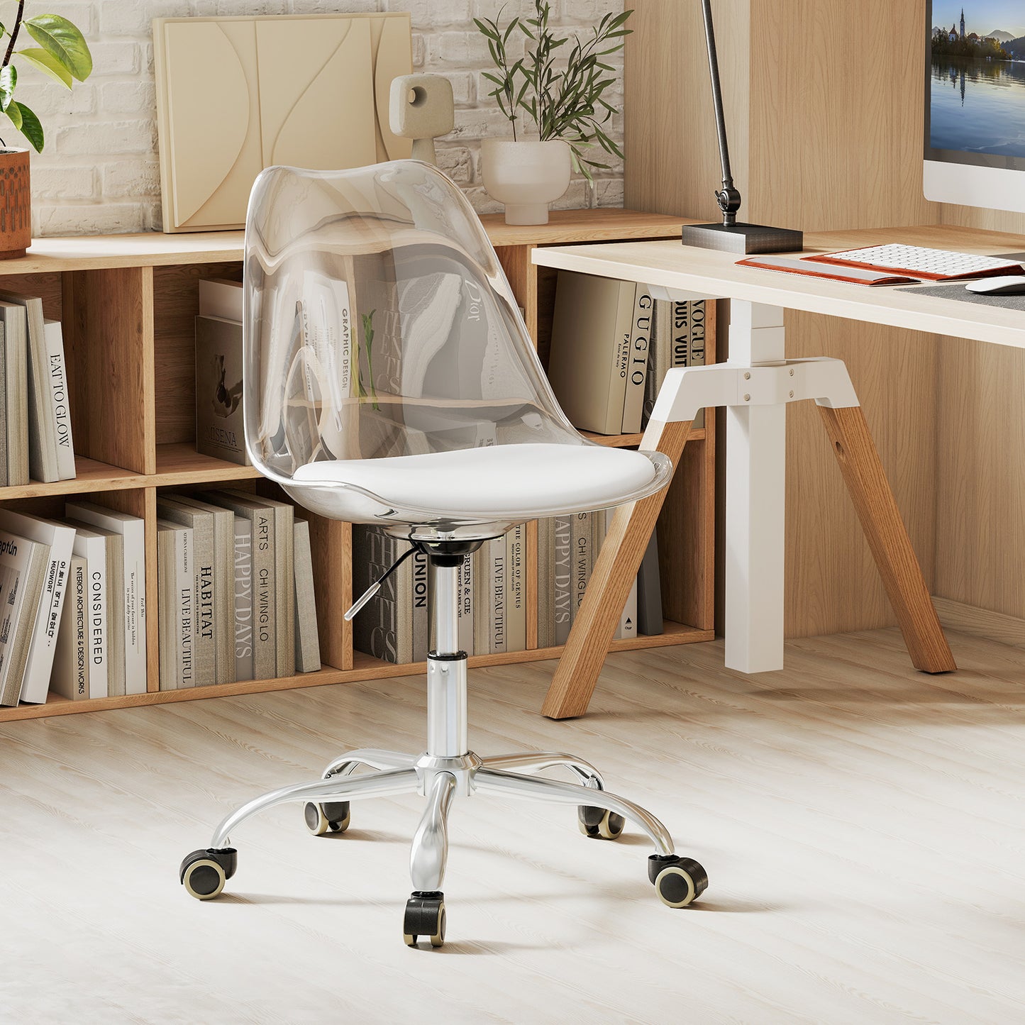 Clear Armless Rolling Office Chair with Adjustable Height
