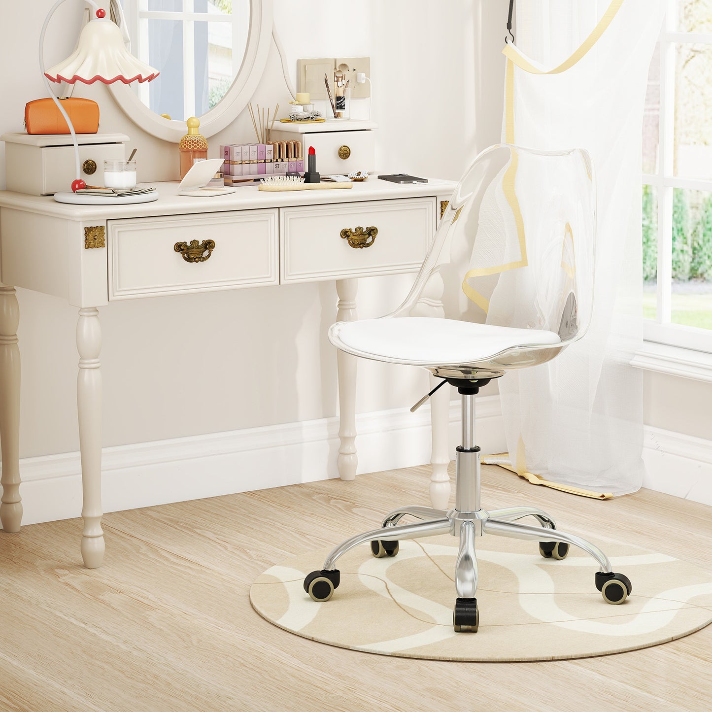 Clear Armless Rolling Office Chair with Adjustable Height