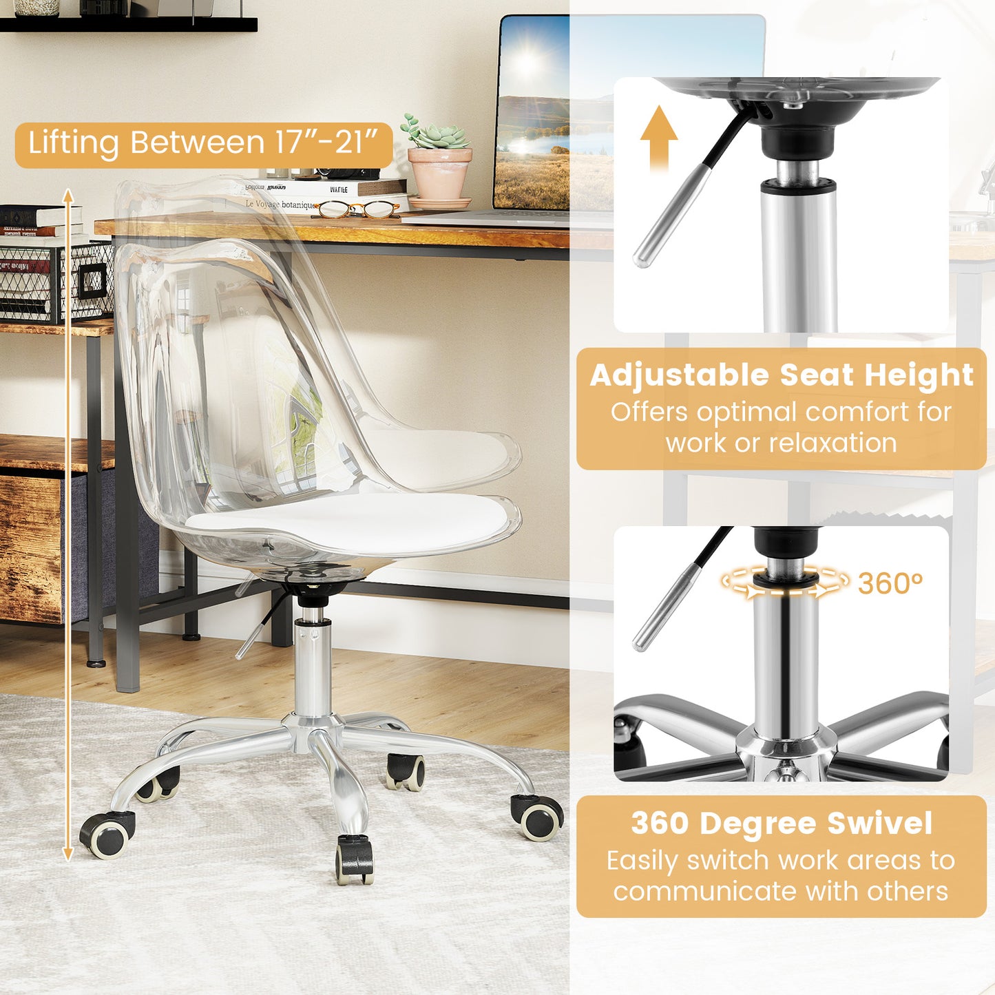 Clear Armless Rolling Office Chair with Adjustable Height