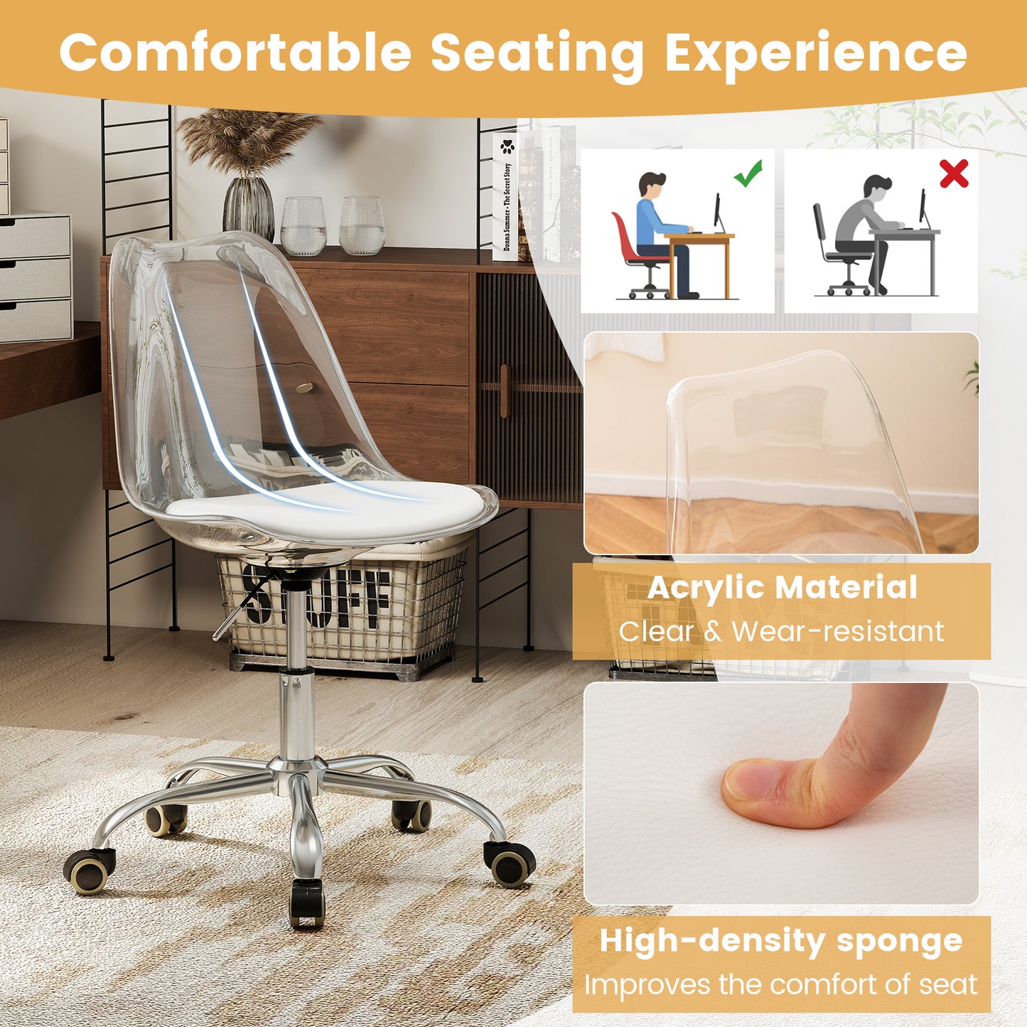 Clear Armless Rolling Office Chair with Adjustable Height