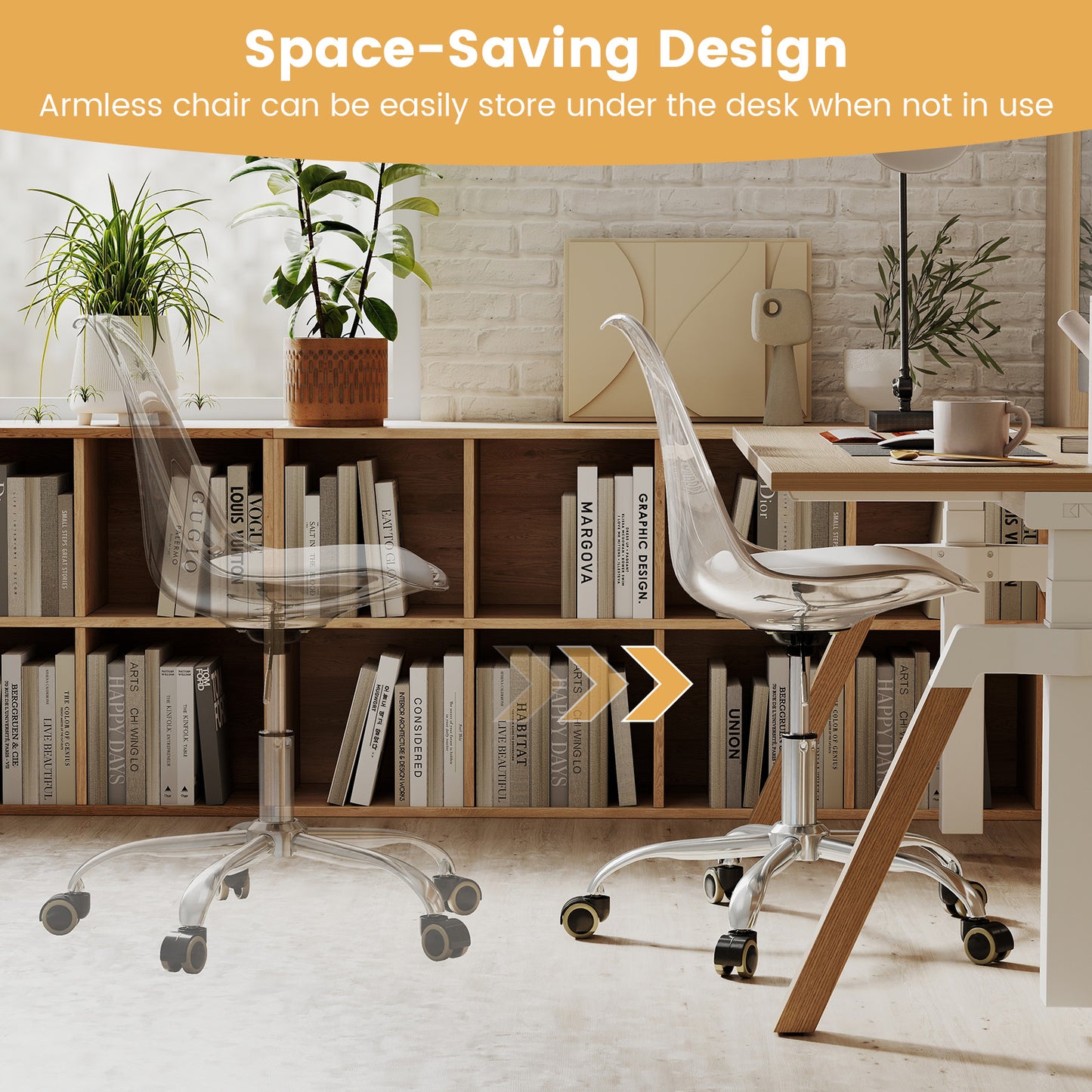 Clear Armless Rolling Office Chair with Adjustable Height