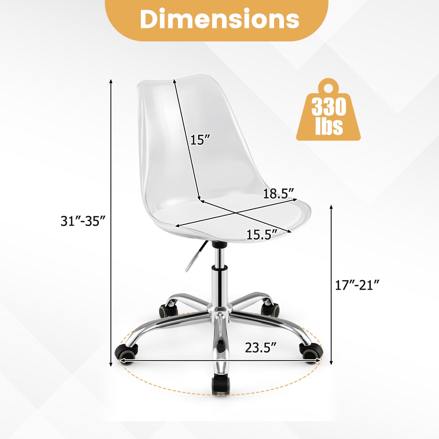 Clear Armless Rolling Office Chair with Adjustable Height