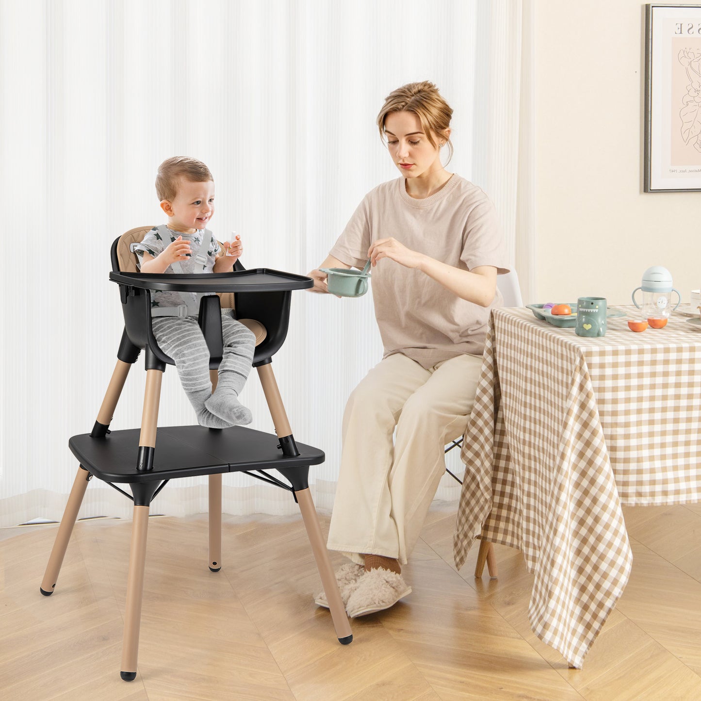 4-in-1 Convertible Baby High Chair with PU Cushion
