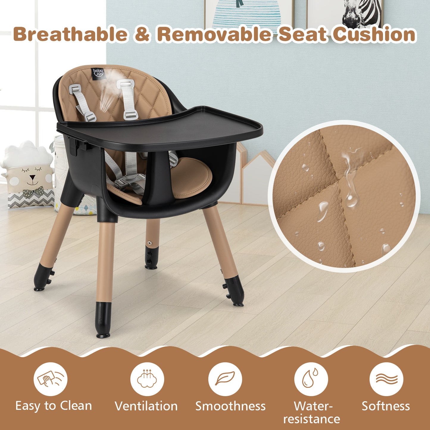 4-in-1 Convertible Baby High Chair with PU Cushion