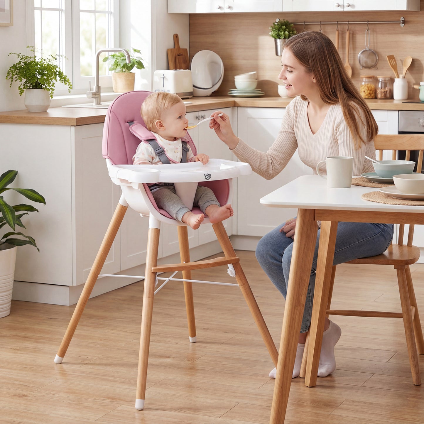High Chair with Dishwasher Safe Tray and Beech Wood Legs