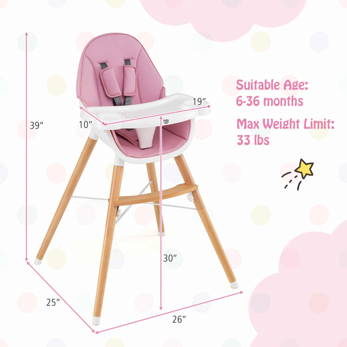 High Chair with Dishwasher Safe Tray and Beech Wood Legs