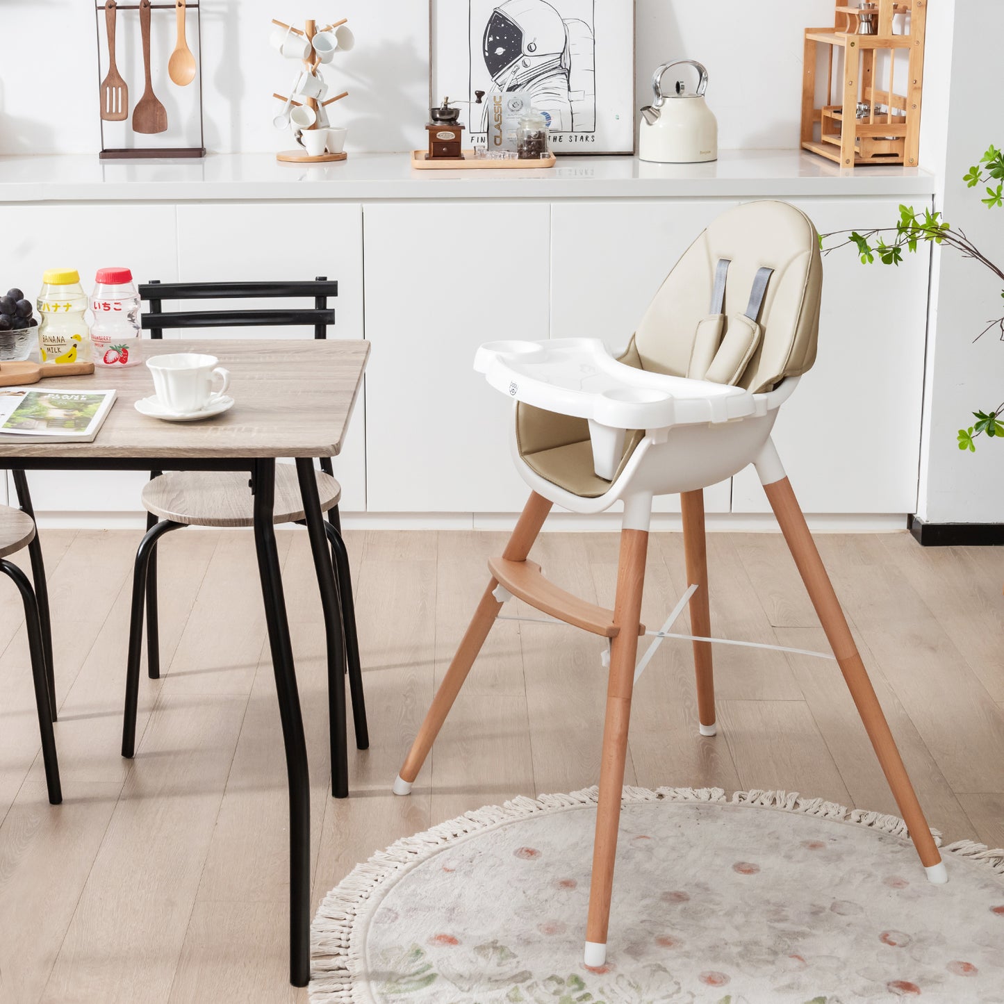 High Chair with Dishwasher Safe Tray and Beech Wood Legs