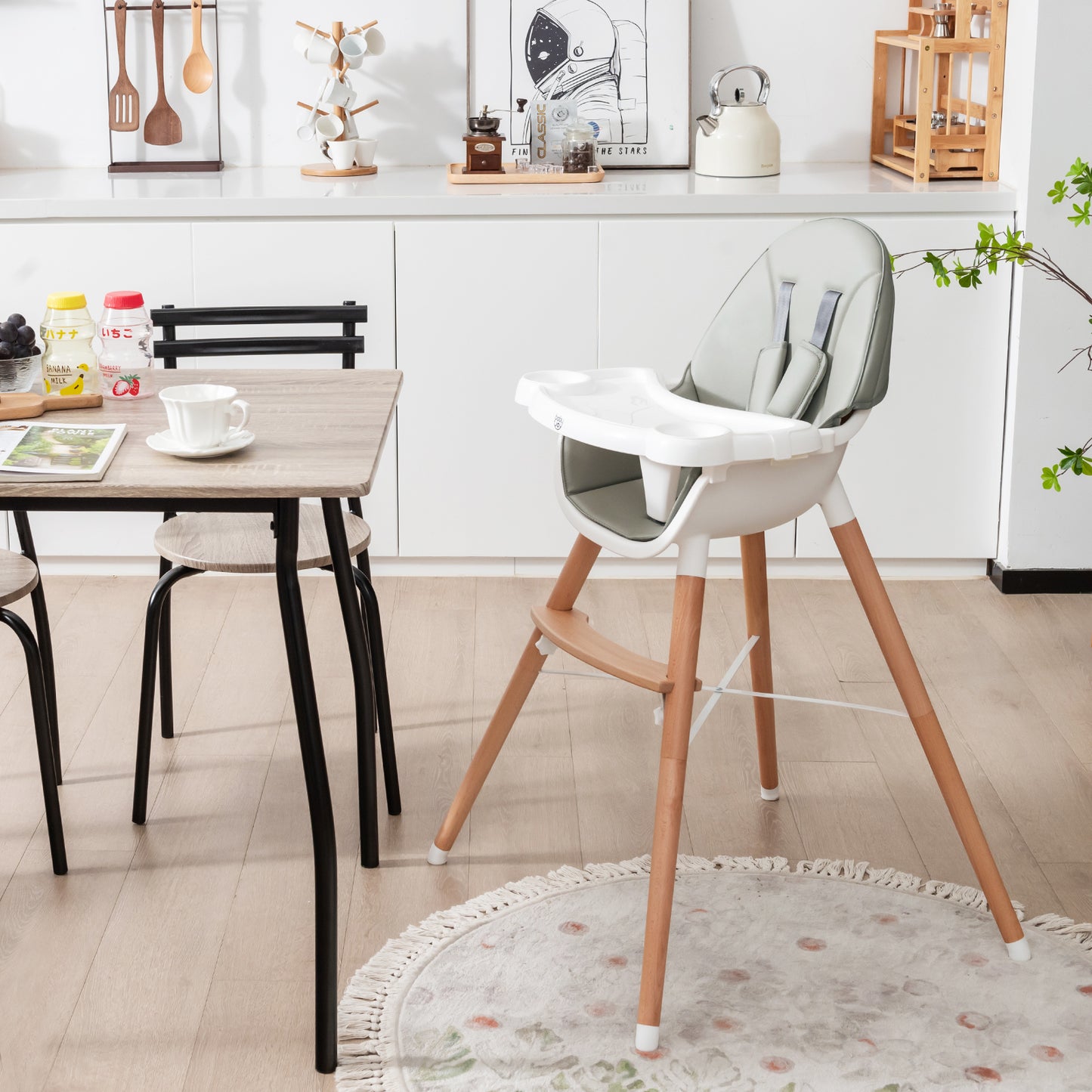 High Chair with Dishwasher Safe Tray and Beech Wood Legs