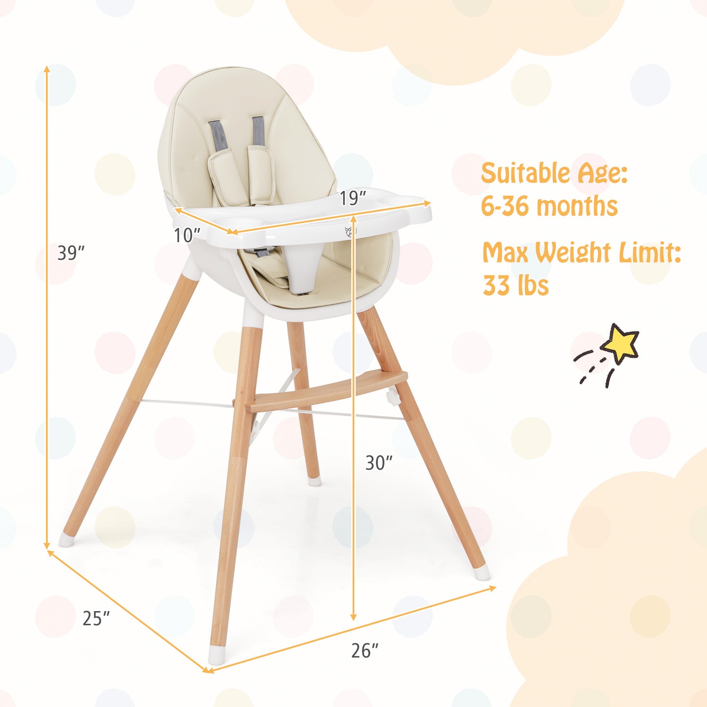 High Chair with Dishwasher Safe Tray and Beech Wood Legs