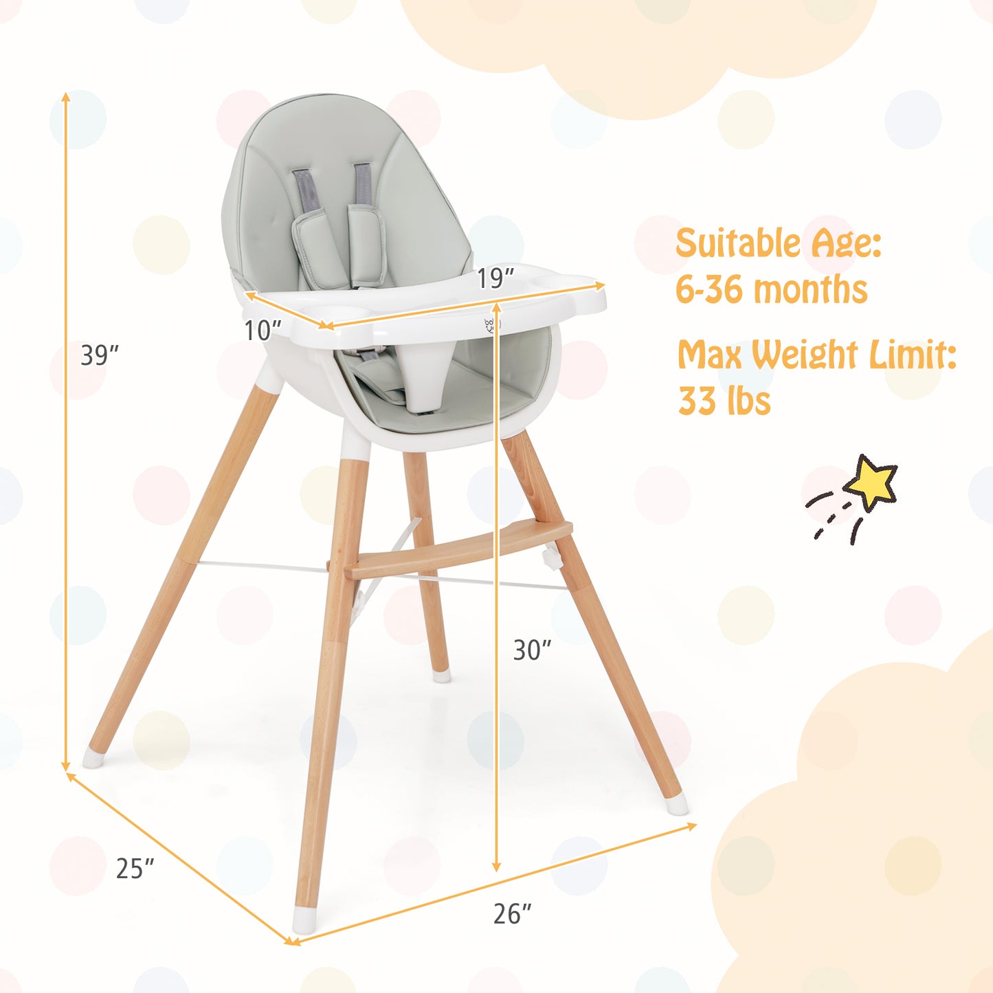 High Chair with Dishwasher Safe Tray and Beech Wood Legs