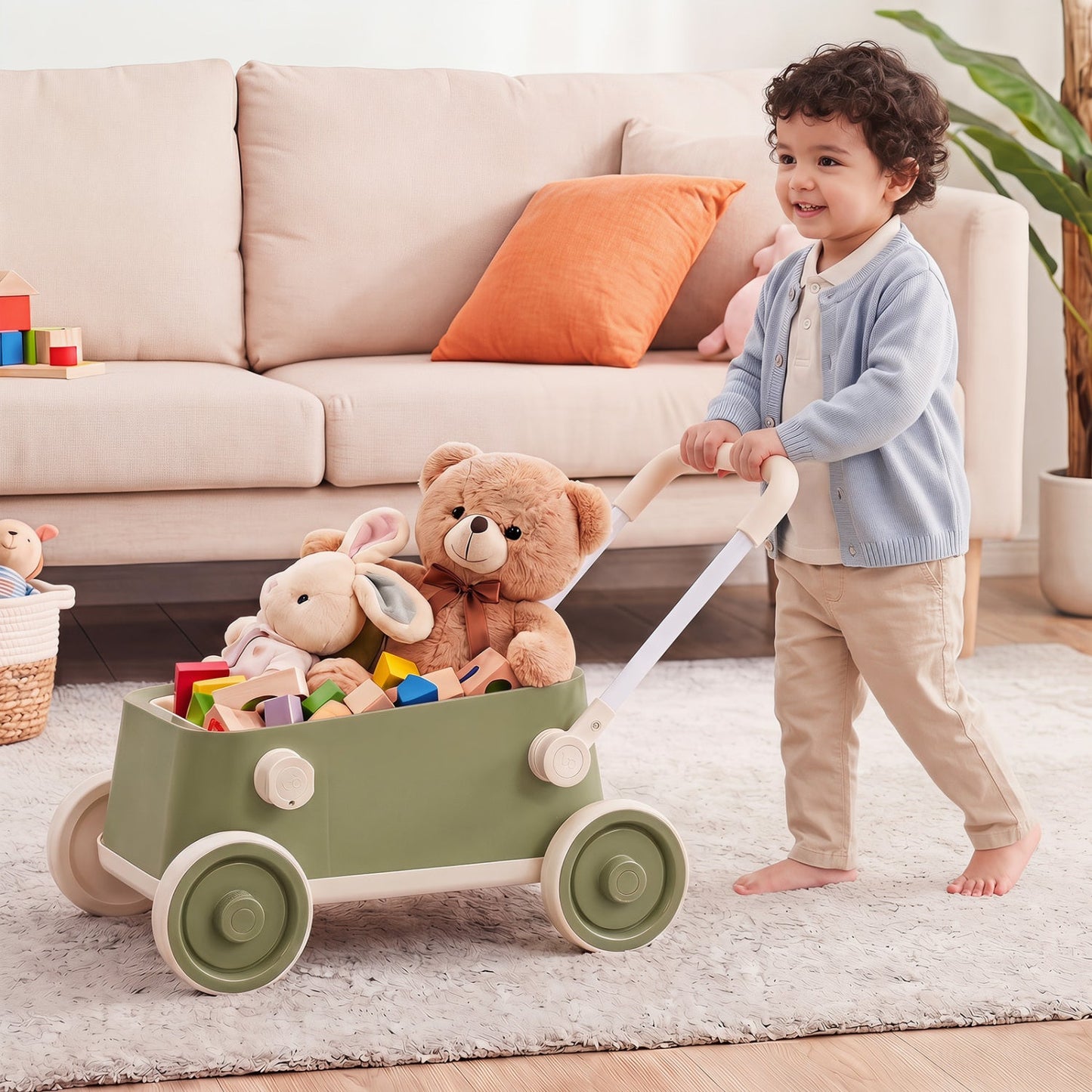 Push Walker with Storage Basket and Foldable Handle