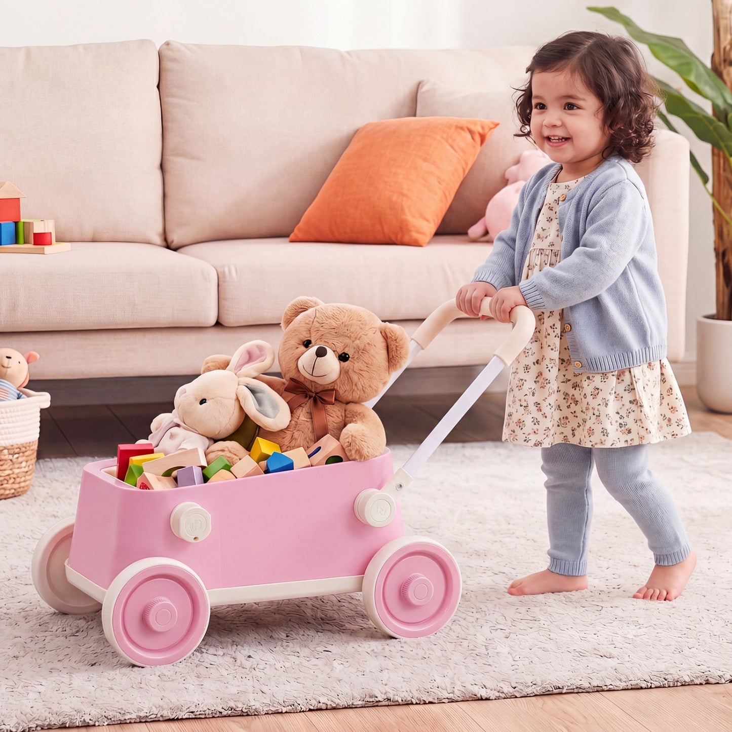 Push Walker with Storage Basket and Foldable Handle