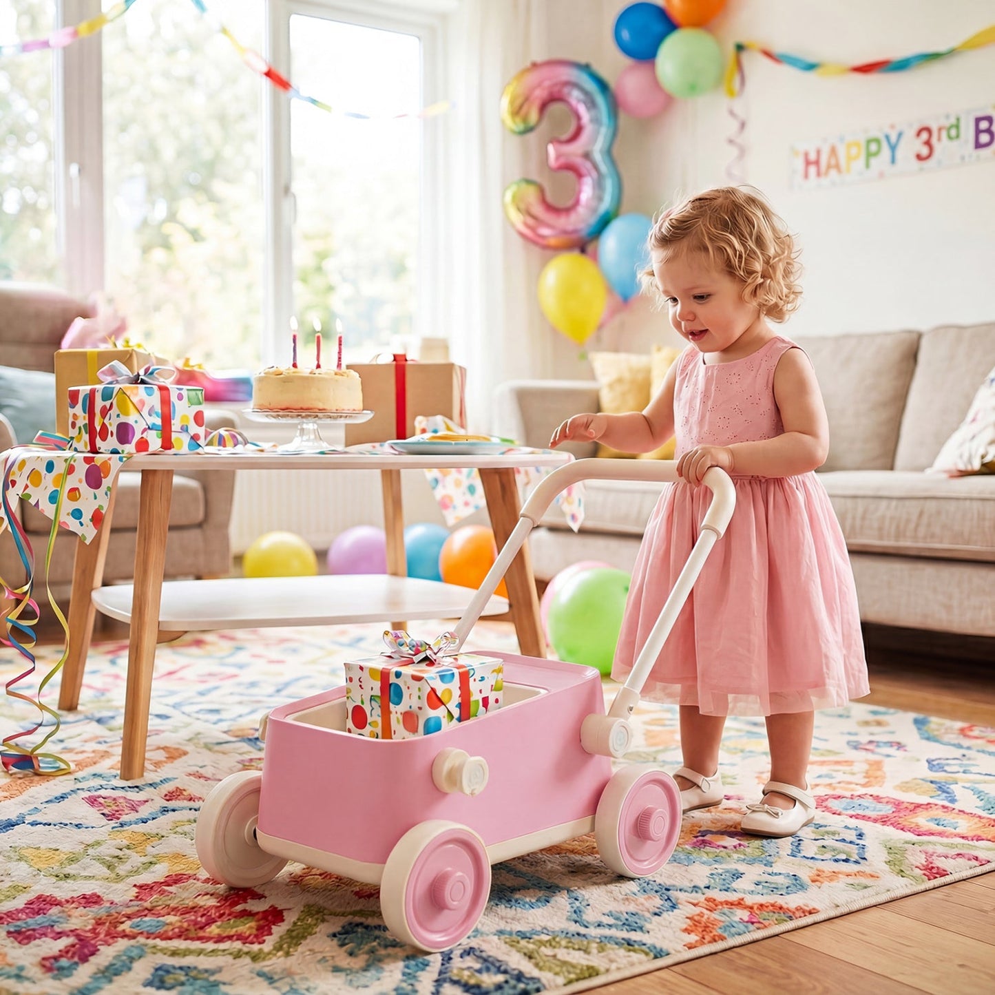 Push Walker with Storage Basket and Foldable Handle