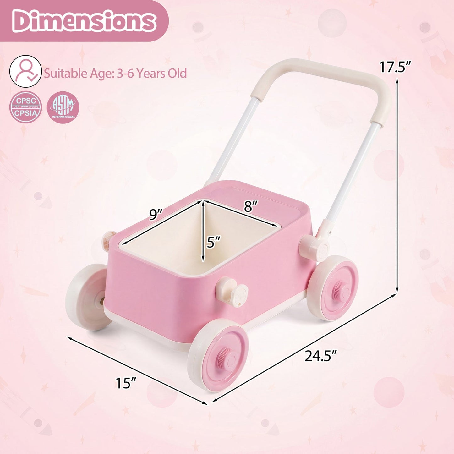 Push Walker with Storage Basket and Foldable Handle