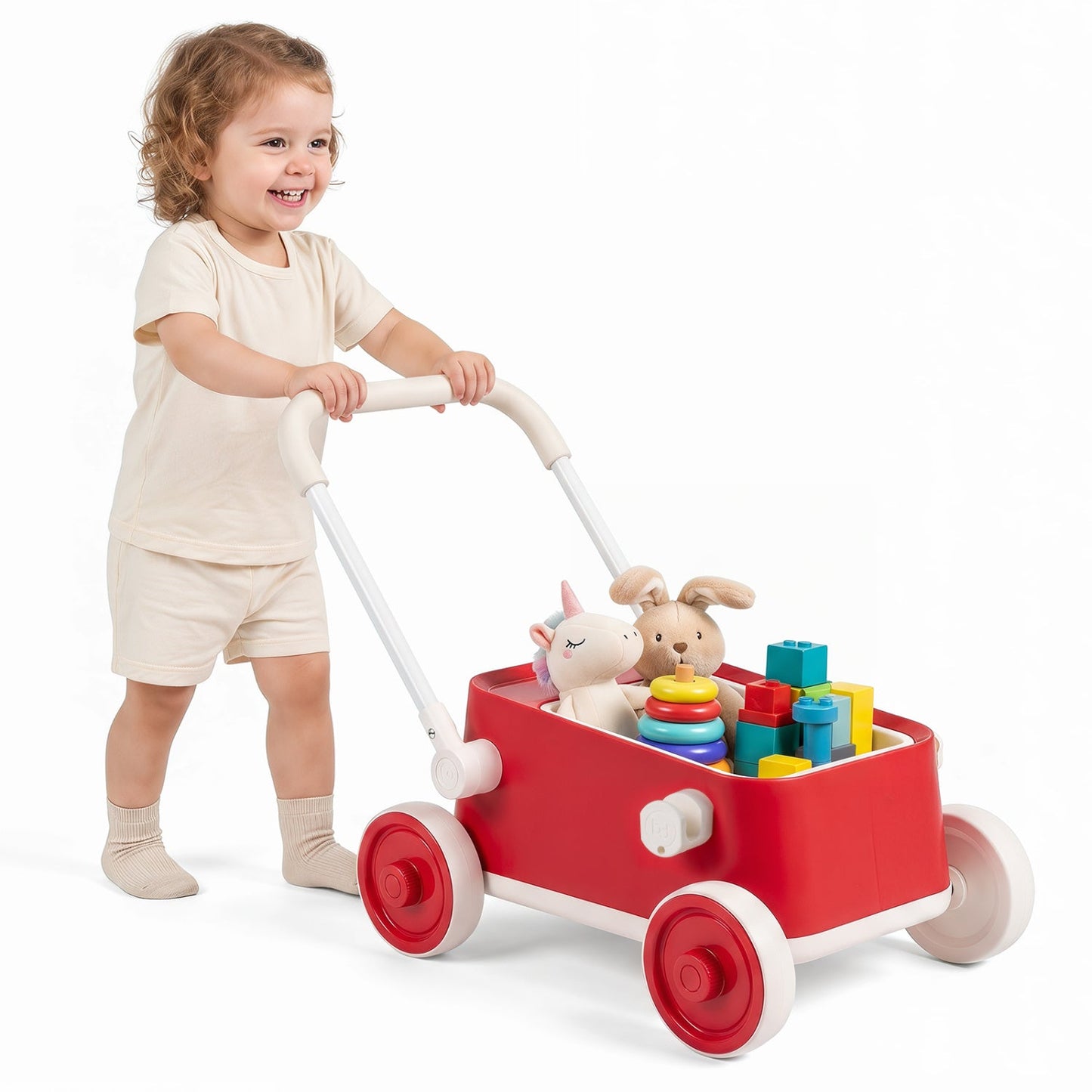 Push Walker with Storage Basket and Foldable Handle