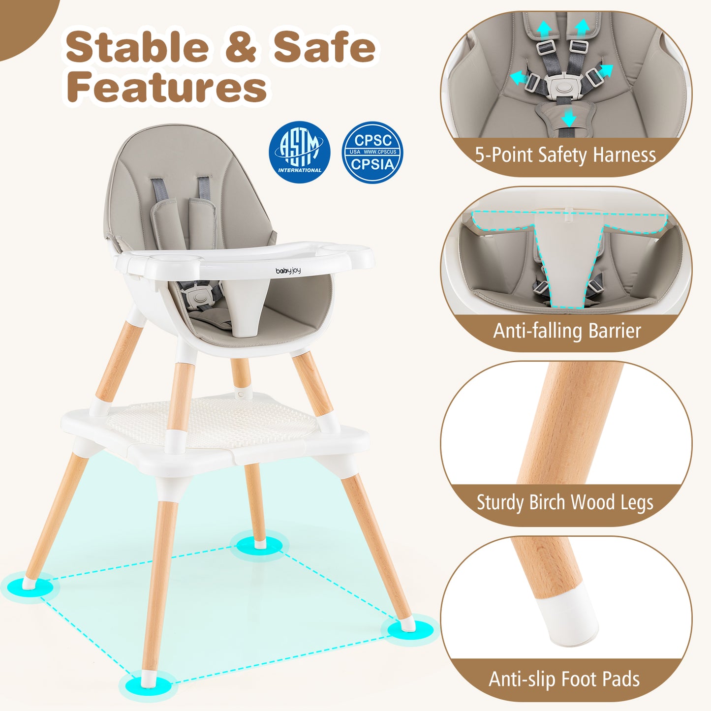 Convertible Wooden High Chair 5-in-1 with Adjustable Tray