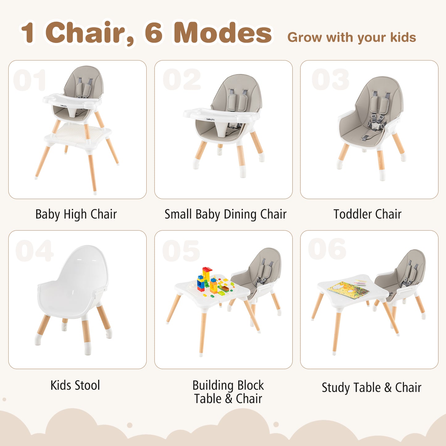 Convertible Wooden High Chair 5-in-1 with Adjustable Tray