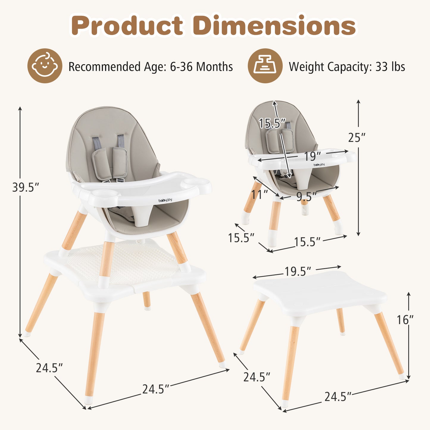 Convertible Wooden High Chair 5-in-1 with Adjustable Tray