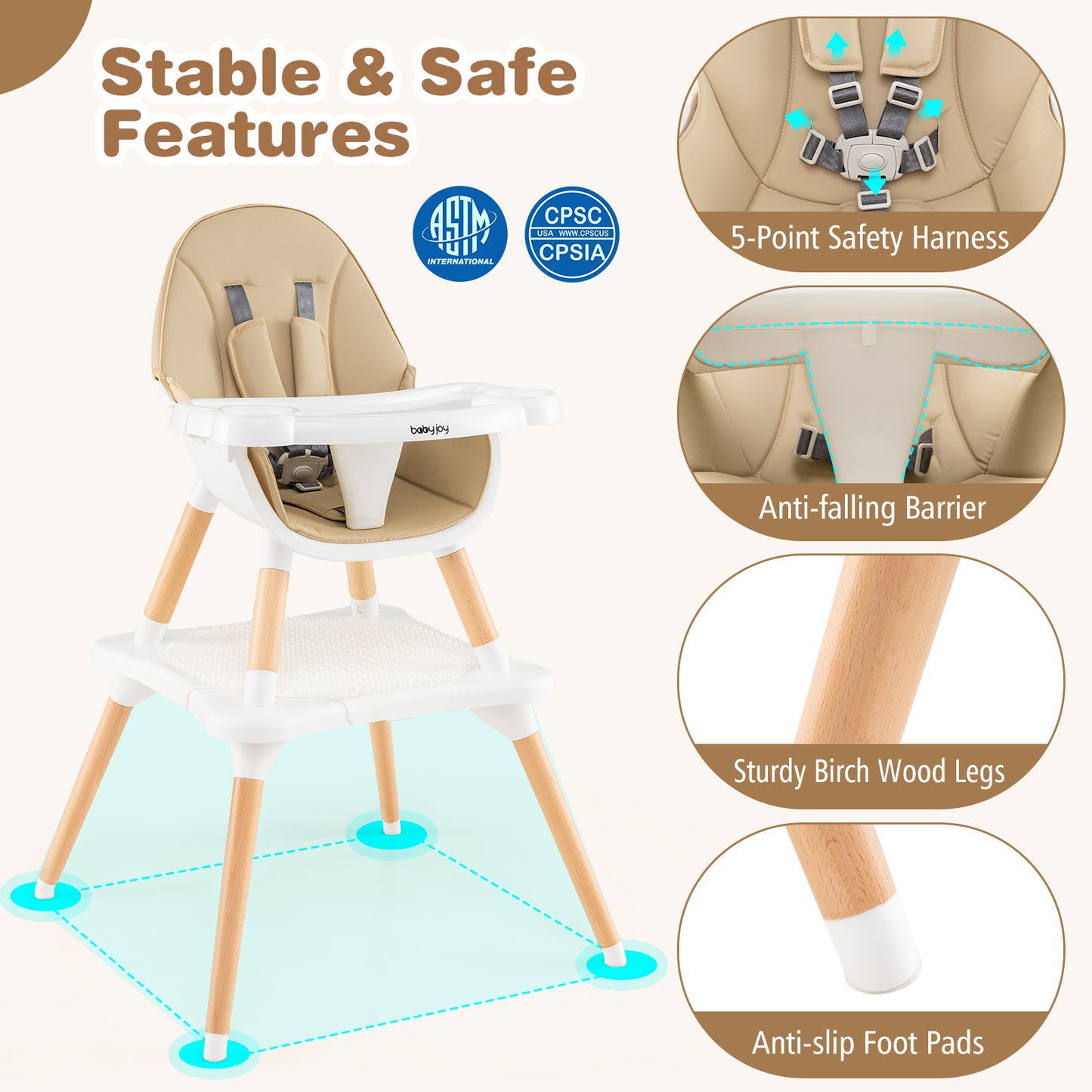 Convertible Wooden High Chair 5-in-1 with Adjustable Tray