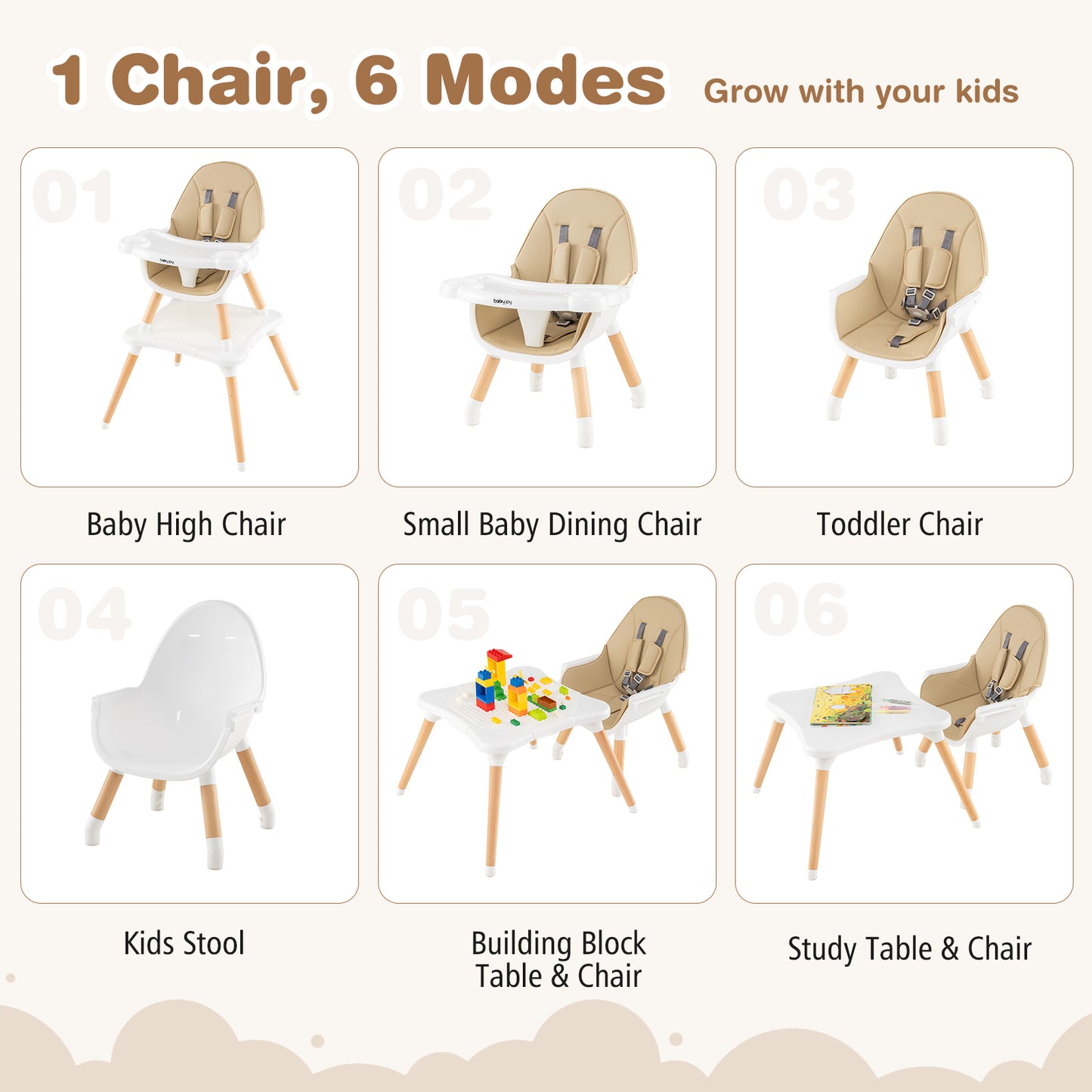 Convertible Wooden High Chair 5-in-1 with Adjustable Tray