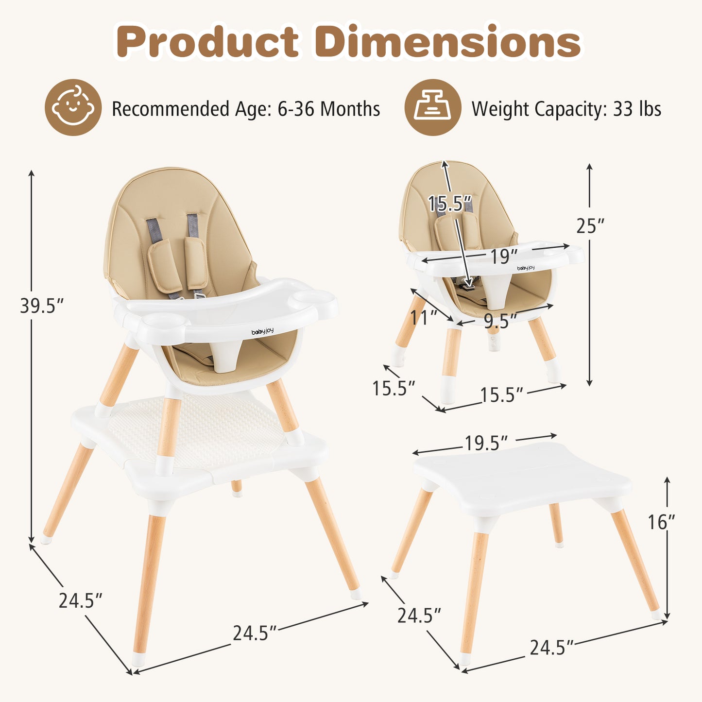 Convertible Wooden High Chair 5-in-1 with Adjustable Tray