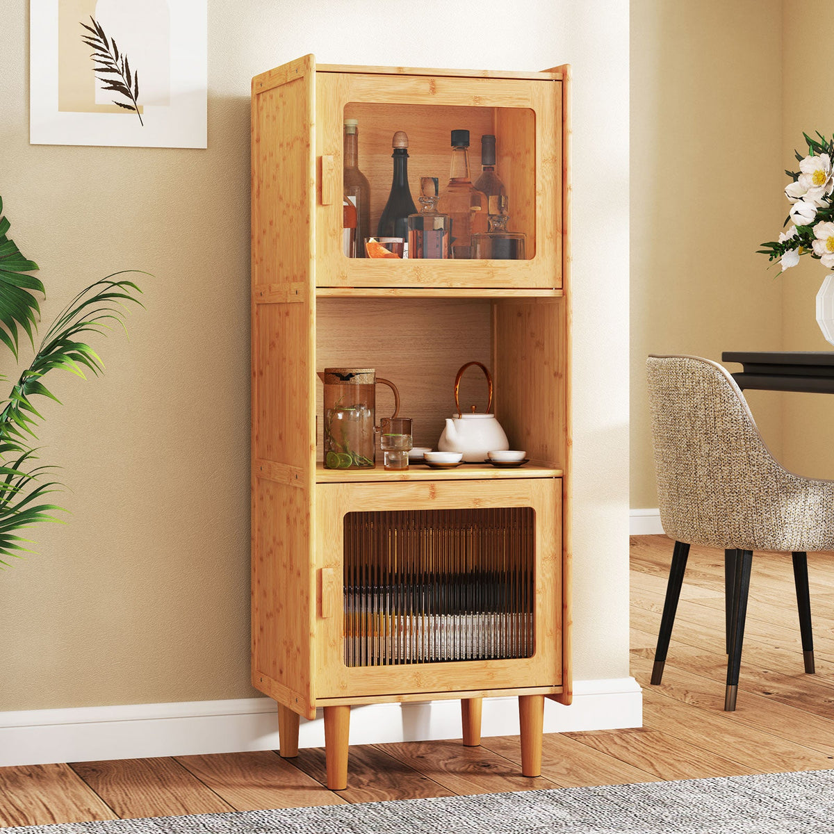 3-Cube Bamboo Storage Cabinet with Open Compartment and 2 Acrylic Doors-Natural