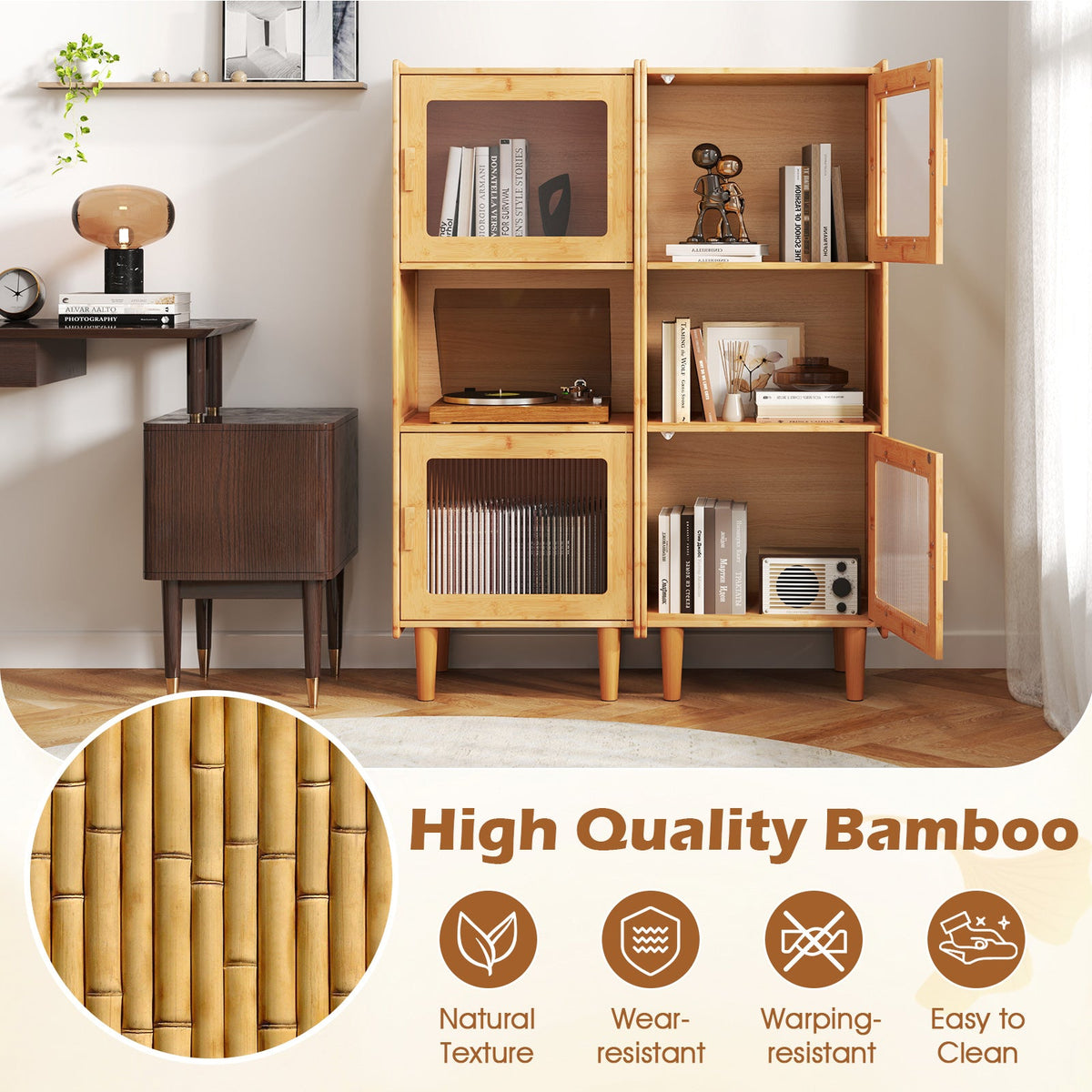 3-Cube Bamboo Storage Cabinet with Open Compartment and 2 Acrylic Doors-Natural