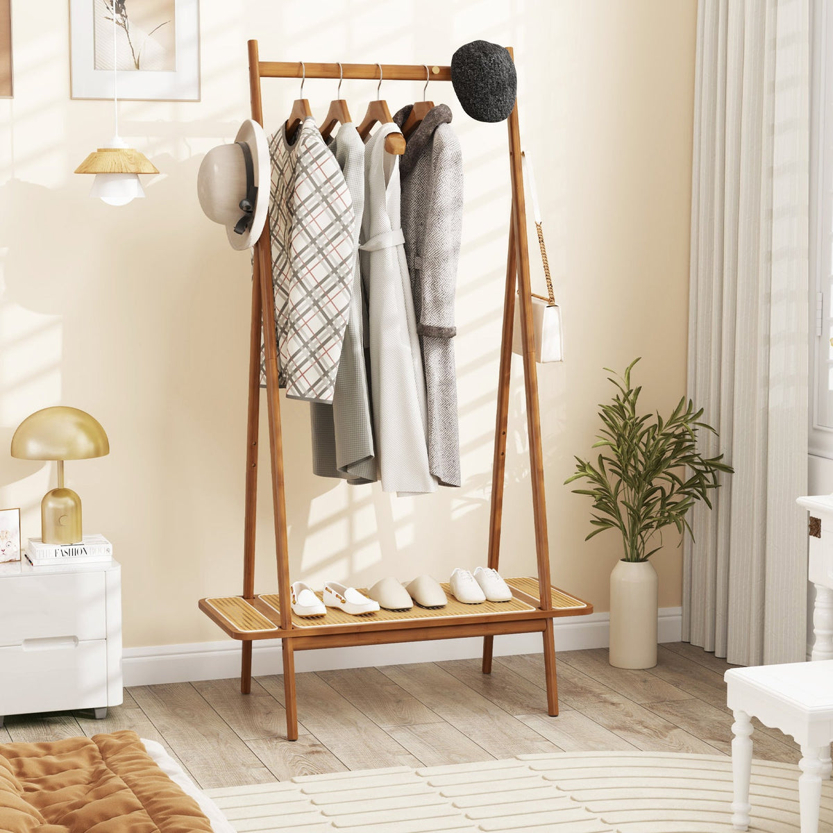 Bamboo Clothes Rack with Hanging Rod Rattan Shelf and Copper Hooks