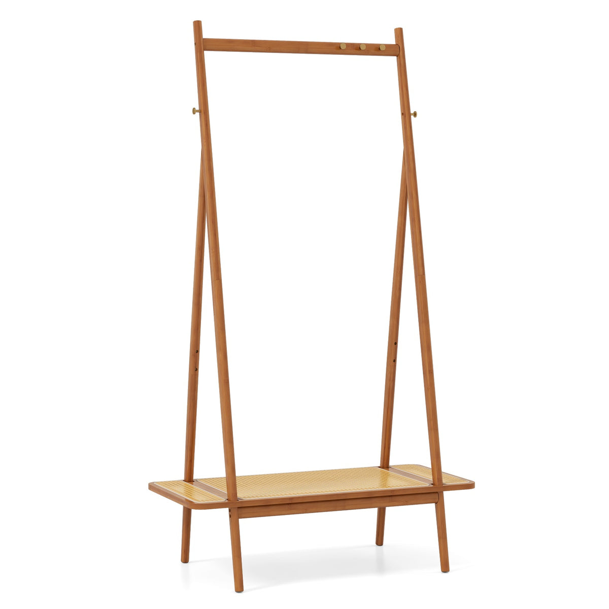 Bamboo Clothes Rack with Hanging Rod Rattan Shelf and Copper Hooks