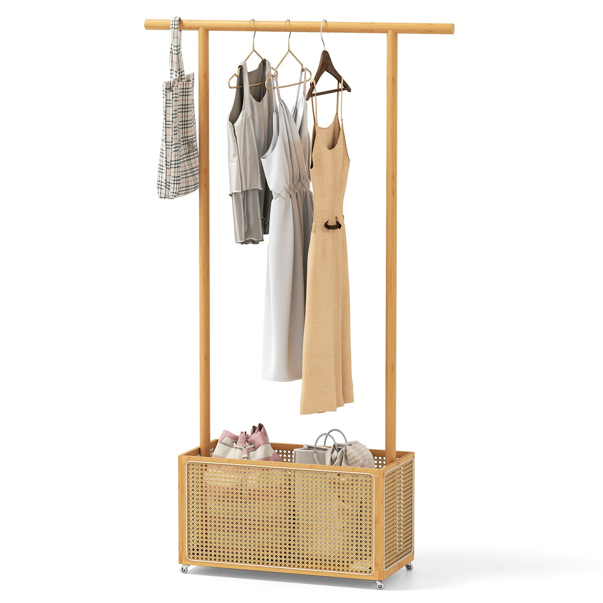 Bamboo Clothes Rack with Rattan Storage Basket and Wheels