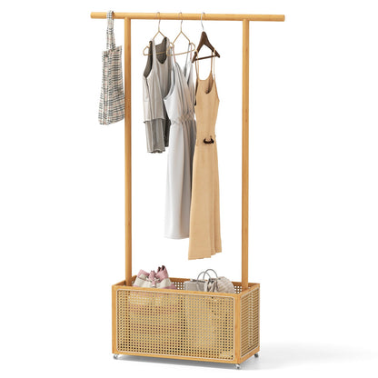 Bamboo Clothes Rack with Rattan Storage Basket and Wheels