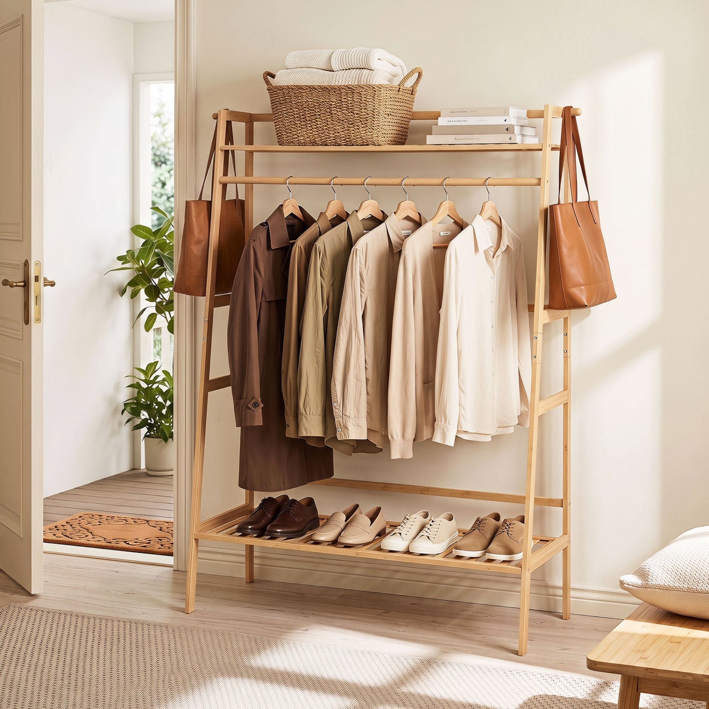 Bamboo Garment Rack with Shelves and Hanging Rod