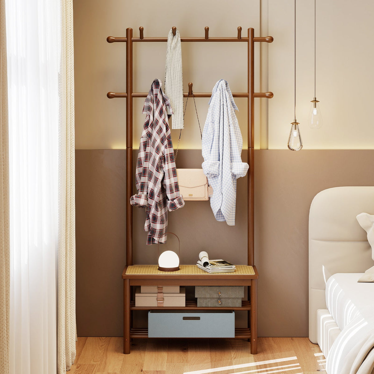Bamboo Coat Rack PE Rattan Hall Tree with Bench and Shoe Storage 3-In-1 Entryway Bench
